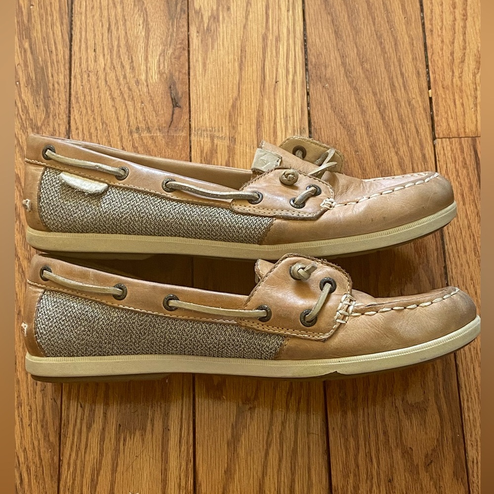 Women's Sperry Top-Sider Tan Beige Leather Boat Shoes Slip Ons Size 8.5 STS98964 - Picture 2 of 5